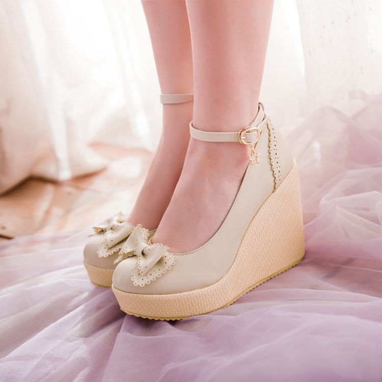 Fashion Round Toe Closed Wedges High Heel Ankle Strap Beige PU Pumps ...