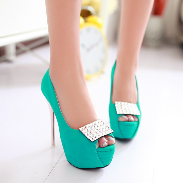 Fashion Round Toe Peep Stiletto High Heel Basic Green PU Pumps_Pumps ...