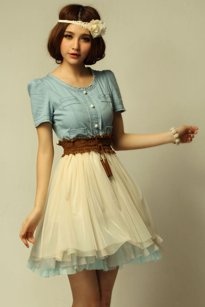Fashion O Neck Short Sleeve Waist Blue Cotton Mini Dress