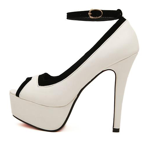 Fashion Round Peep Toe Stiletto High Heel Ankle Strap White PU Pumps ...