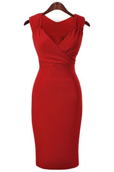 Sexy V Neck Spaghetti Strap Sleeveless Sheath Red Polyester Pencil Mini Dressdresses 