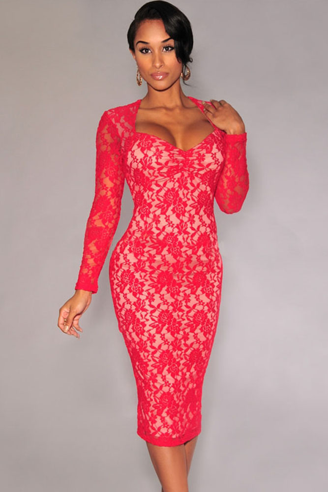 Long sleeve red lace sheath dress shirt hop