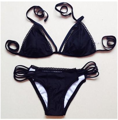 Cheap Sexy Halter Neck Strappy Hollow-out Solid Black Two-piece Bikini ...