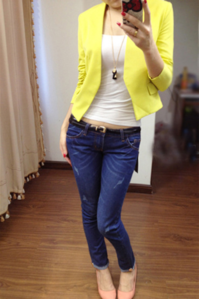 Fashion Long Sleeves Yellow Polyester Blazerblazerandsuitsouterwearandcoatslovelywholesale 