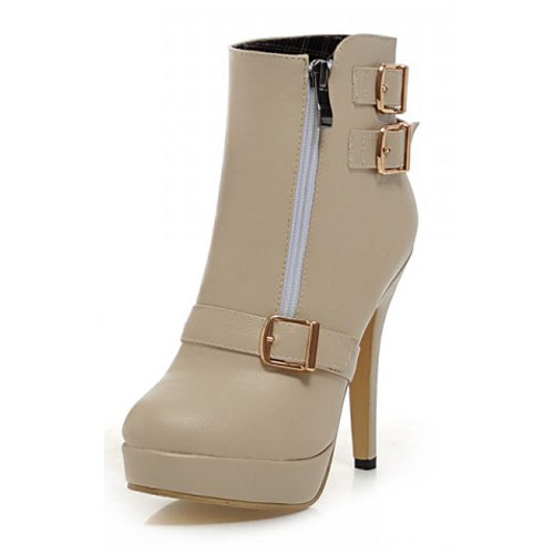 Spring Autumn Fashion Zipper Design Stiletto Super High Heel Beige PU Ankle Buckle Martens Boots
