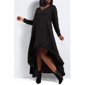 Fashion O Neck Long Sleeves Asymmetrical Black Chi