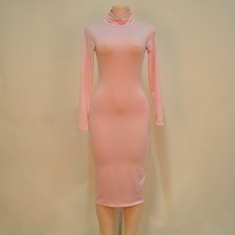 Sexy Turtleneck Long Sleeves Pink Blending Sheath Knee Length Dress Dresses Lovelywholesale