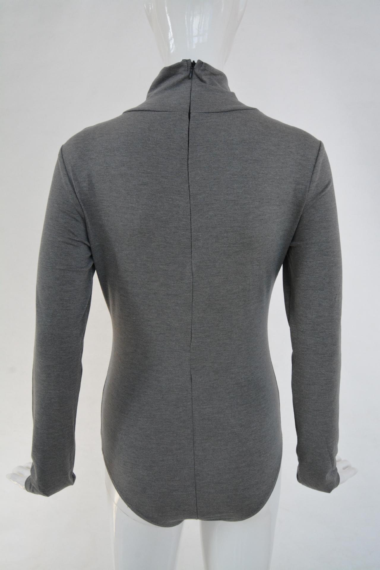 Casual Turtleneck Long Sleeves Grey Cotton Blend One-piece Skinny ...