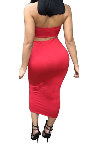 Stylish Sexy Sleeveless Red Polyester Two-piece Skirt Set_Two Pieces ...