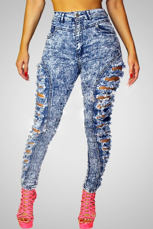 Hot Womens Broken Hole Ripped Stylish High Waisted Skinny Ripped Jeans Jeans Bottoms