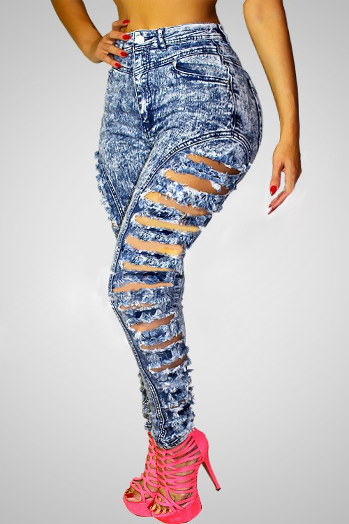 Hot Womens Broken Hole Ripped Stylish High Waisted Skinny Ripped Jeans Jeans Bottoms