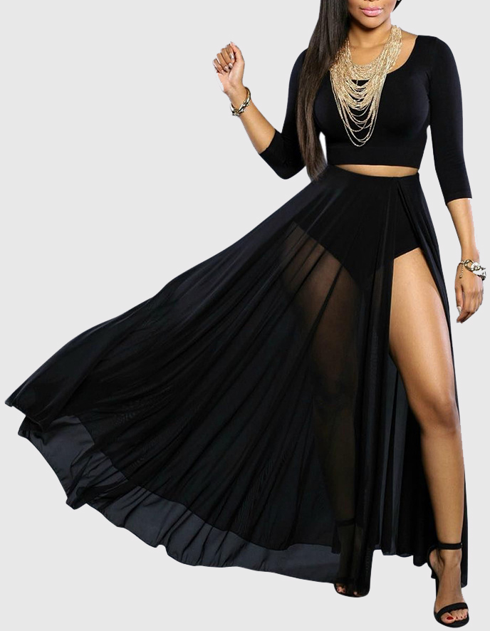 Black Spandex Skirt Solid U Neck Three Quarter Sexy Twopiece Outfits