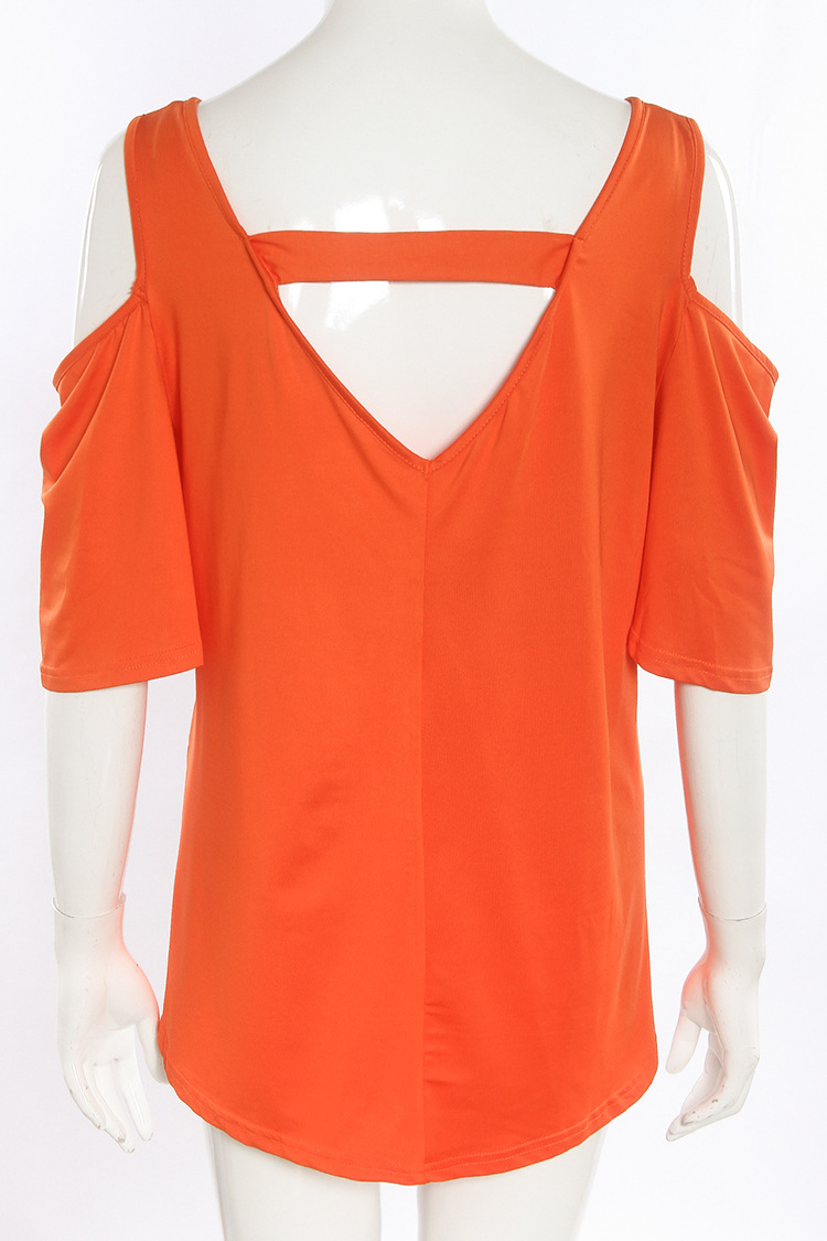 Casual Off The Shoulder Half Sleeves Hollowout Orange Polyester T