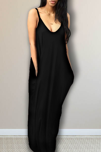 black v neck spaghetti strap dress