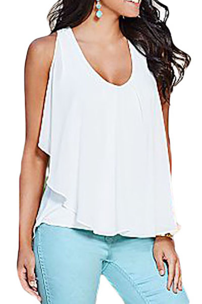 Trendy U-shaped Neck Sleeveless Ruched White Polyester+Spandex Tank Top ...