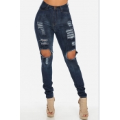 Trendy High Waist Knee Broken Holes Blue Denim Ski