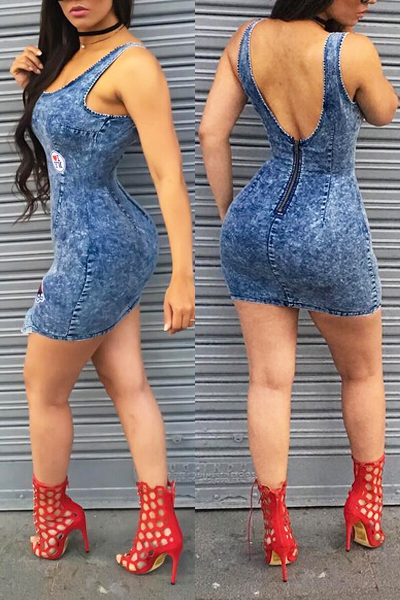 Stylish U-shaped Neck Tank Sleeveless Zipper Design Patchwork Blue Denim Sheath Mini Dress от Lovelywholesale WW