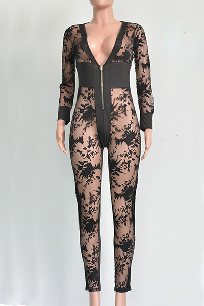 Sexy V Neck Long Sleeves Patchwork See Through Black Lace One Piece Jumpsuitsjumpsuits 4163