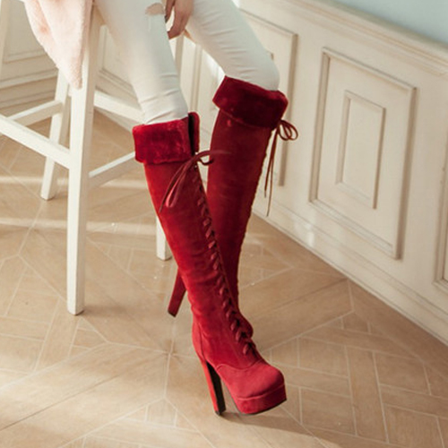 Stylish Round Toe Cross Lace-up Chunky Super High Heel Red Suede ...