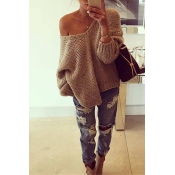 Fashion V Neck Long Sleeves Khaki Woolen Regular P
