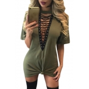 Sexy Deep V Neck Half Sleeves Hollow-out Army Gree