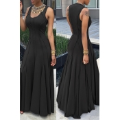 Fashion Boat Neck Sleeveless Ruched Black Cotton F