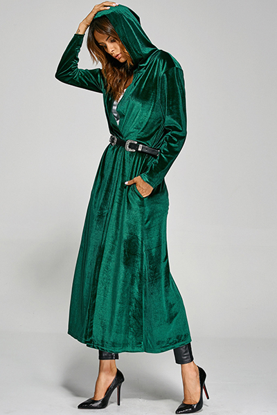 Stylish Hooded Collar Neck Long Sleeves Green Velvet Long Trench Coats ...