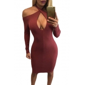 Sexy Deep V Neck Long Sleeves Hollow-out Wine Red 