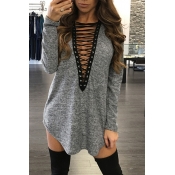 Sexy Deep V Neck Long Sleeves Hollow-out Grey Poly