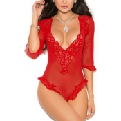 Sexy V Neck Long Sleeves Lace Trim Patchwork Red P