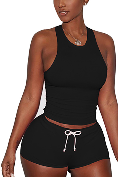 

Black Cotton Blend Shorts Solid U Neck Sleeveless Casual Two Pieces