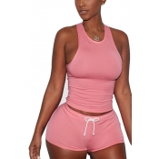Pink Cotton Blend Shorts Solid U Neck Sleeveless C
