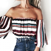 Pullovers Polyester Bateau Neck Half Sleeve Stripe