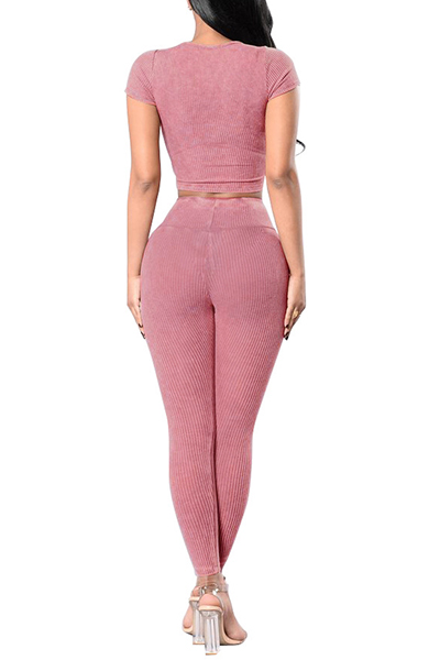 Casual U-shaped Neck Short Sleeves High Waist Pink Cotton Blend Two-piece Pants Set от Lovelywholesale WW