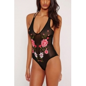 Sexy Embroidery See-Through Black Acrylic One-piec