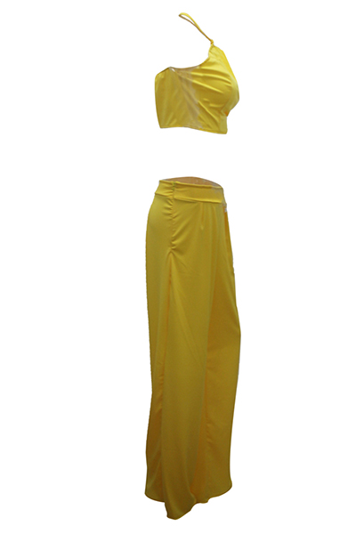 Charming Round Neck Sleeveless Ruched Yellow Twilled Satin Two-piece ...