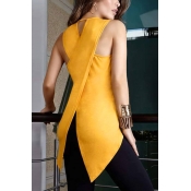 Fashion Round Neck Sleeveless Asymmetrical Yellow 