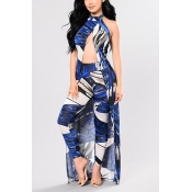 Stylish Sleeveless Printed Hollow-out Blue Two-pie