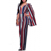 Stylish Striped Red Cotton One-piece Jumpsuits