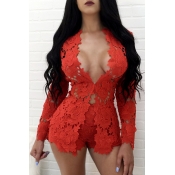 Sexy V Neck Long Sleeves Hollow-out Red Lace Two-p