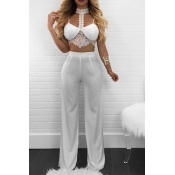 Sexy Lace Trim Patchwork White Polyester Two-piece