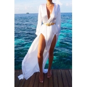 Sexy Deep V Neck White Polyester  Solid Cover-Ups 