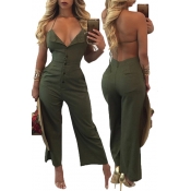 Sexy V Neck Backless Army Green Cotton One-piece J