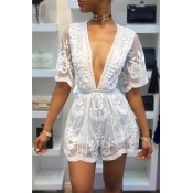 Sexy Deep V Neck See-Through White Lace One-piece 