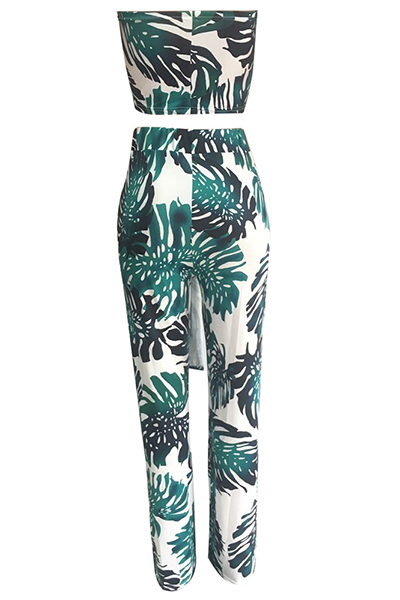 Stylish Dew Shoulder Printed Green Qmilch Two-piece Pants Set от Lovelywholesale WW