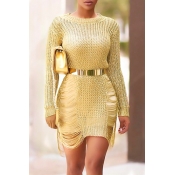 Sexy Round Neck Long Sleeves Hollow-out Gold Polye