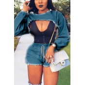 Sexy Round Neck Long Sleeves Hollow-out Blue Denim