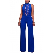 Sexy Round Neck Hollow-out Blue Twilled One-piece 