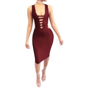 Sexy V Neck Hollow-out Wine Red Cotton Blend Sheat