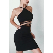 Sexy Hollow-out Black Polyester Sheath Mini Dress